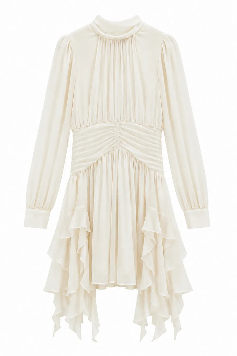 High Neck Pleated Long Sleeve Ruffled Hem Dress