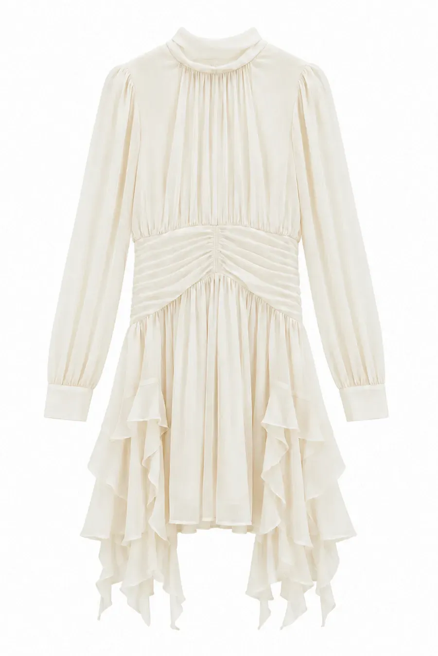 High Neck Pleated Long Sleeve Ruffled Hem Dress