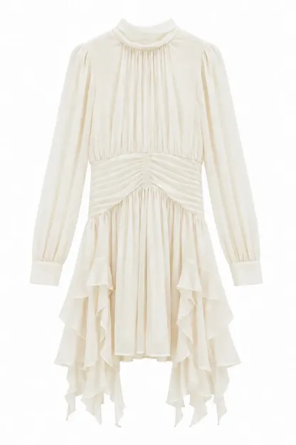 High Neck Pleated Long Sleeve Ruffled Hem Dress