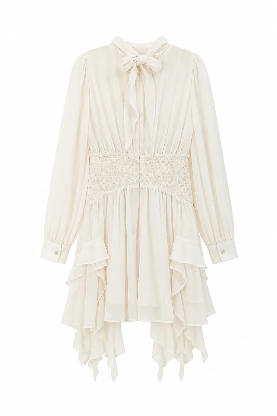 High Neck Pleated Long Sleeve Ruffled Hem Dress