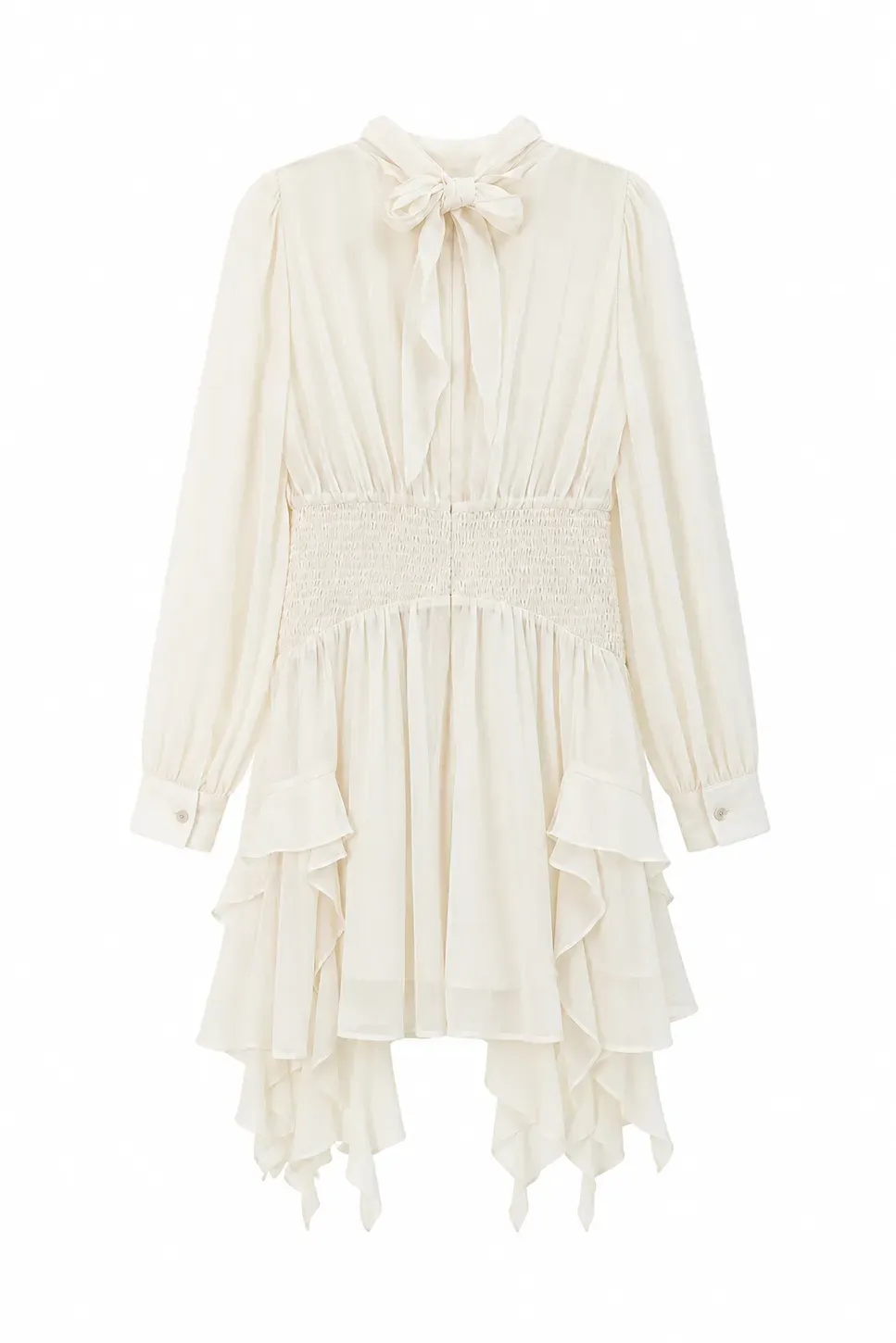 High Neck Pleated Long Sleeve Ruffled Hem Dress