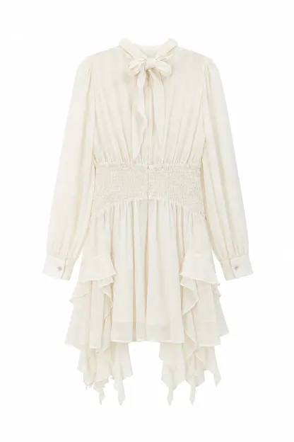High Neck Pleated Long Sleeve Ruffled Hem Dress