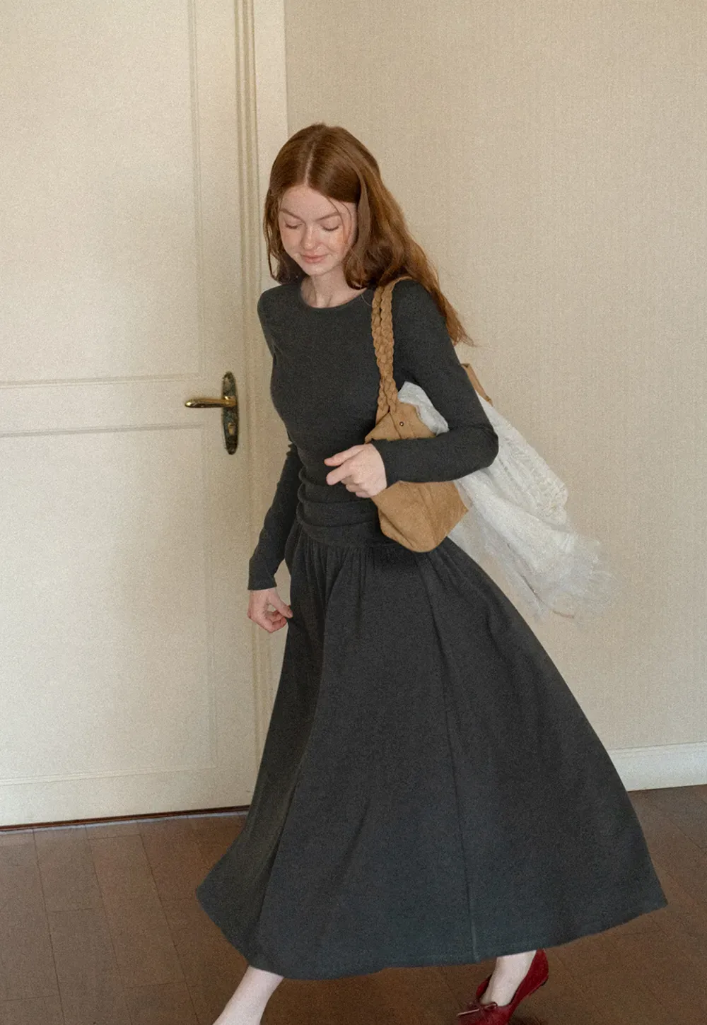 High Waist Pleated Long Sleeve Knit Dress