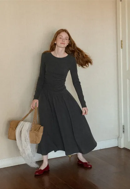 High Waist Pleated Long Sleeve Knit Dress