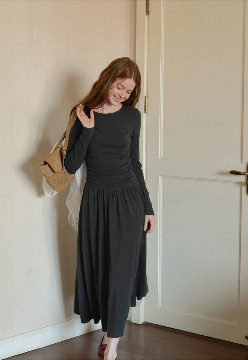 High Waist Pleated Long Sleeve Knit Dress