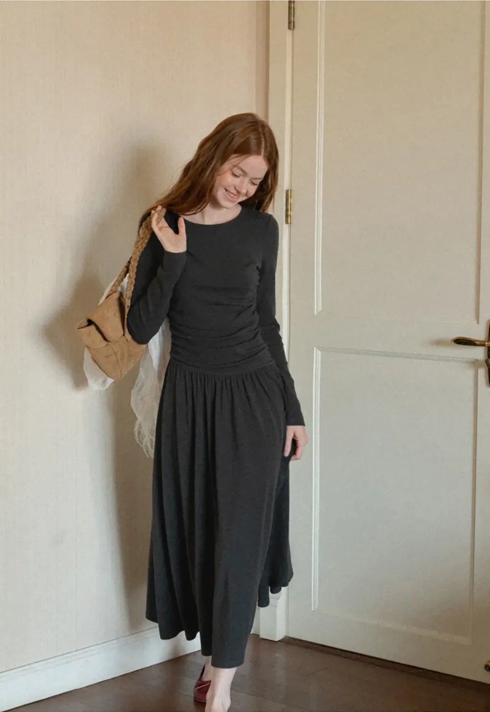 High Waist Pleated Long Sleeve Knit Dress