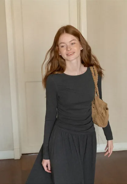 High Waist Pleated Long Sleeve Knit Dress