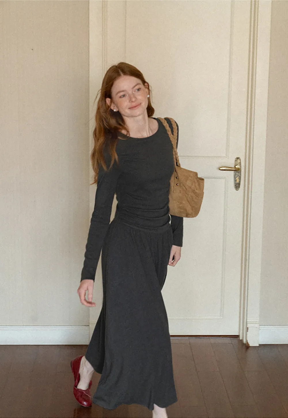 High Waist Pleated Long Sleeve Knit Dress