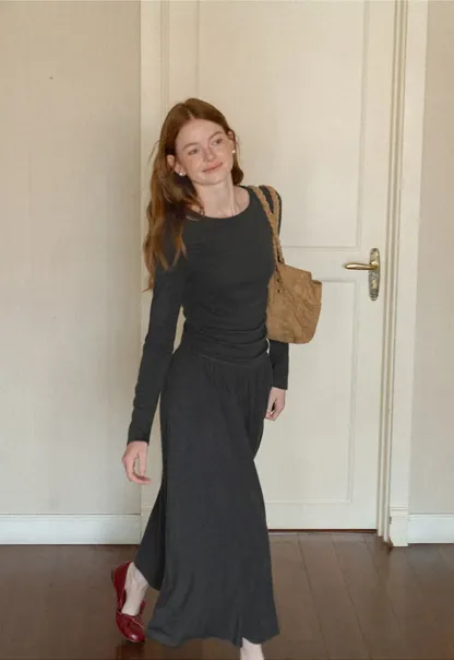 High Waist Pleated Long Sleeve Knit Dress
