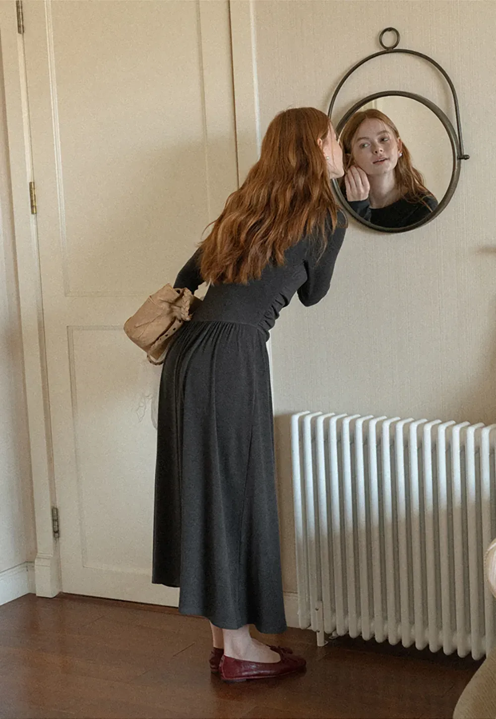 High Waist Pleated Long Sleeve Knit Dress
