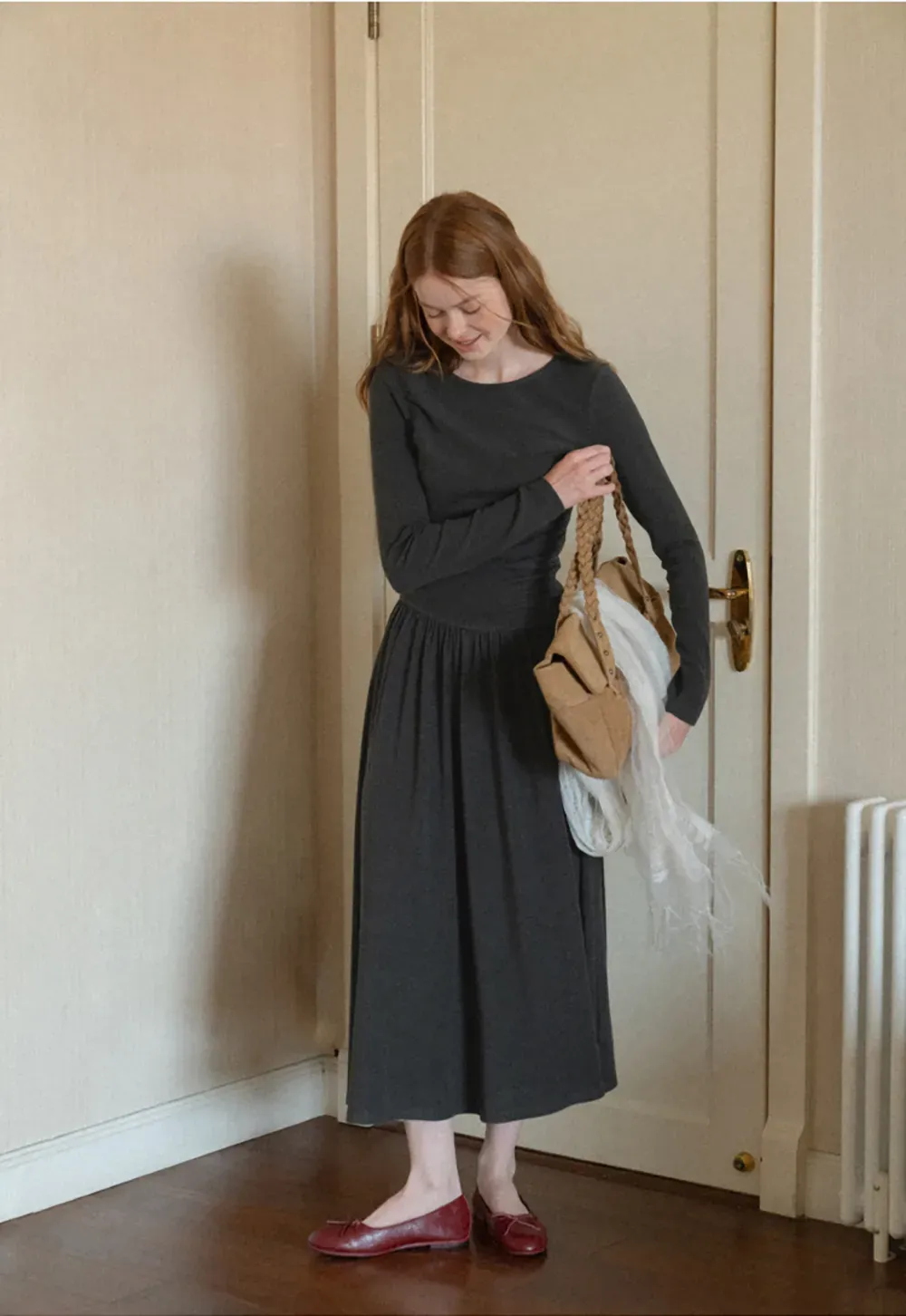 High Waist Pleated Long Sleeve Knit Dress