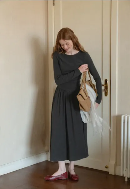 High Waist Pleated Long Sleeve Knit Dress