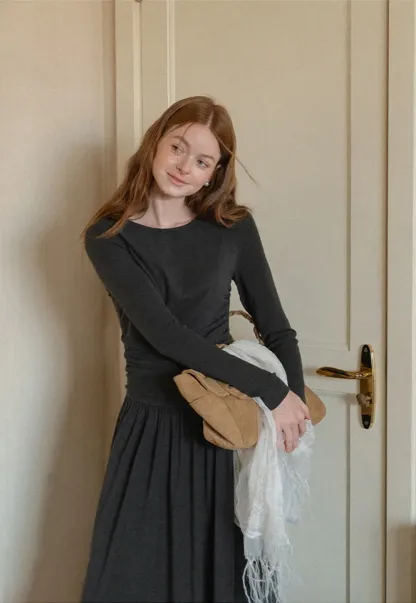 High Waist Pleated Long Sleeve Knit Dress