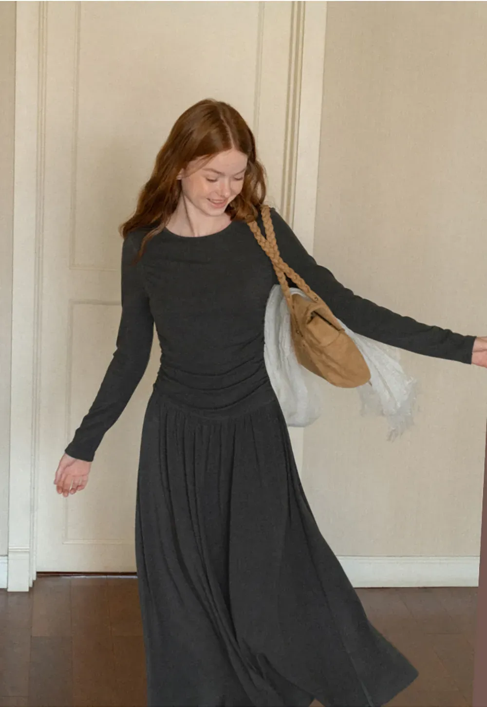 High Waist Pleated Long Sleeve Knit Dress