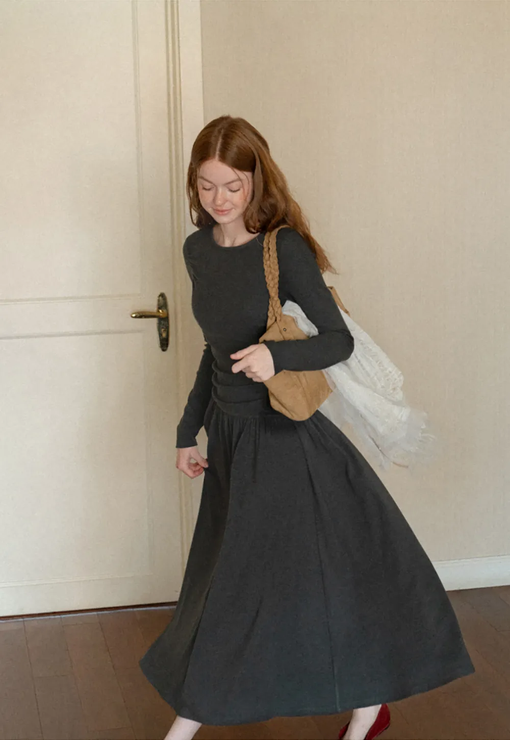 High Waist Pleated Long Sleeve Knit Dress
