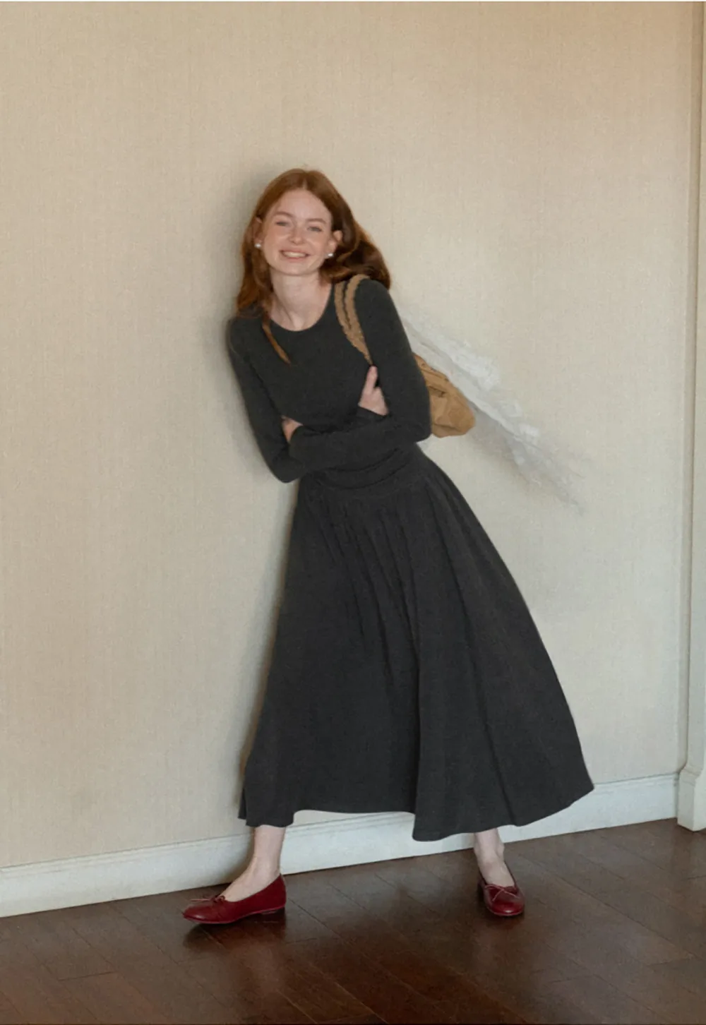 High Waist Pleated Long Sleeve Knit Dress