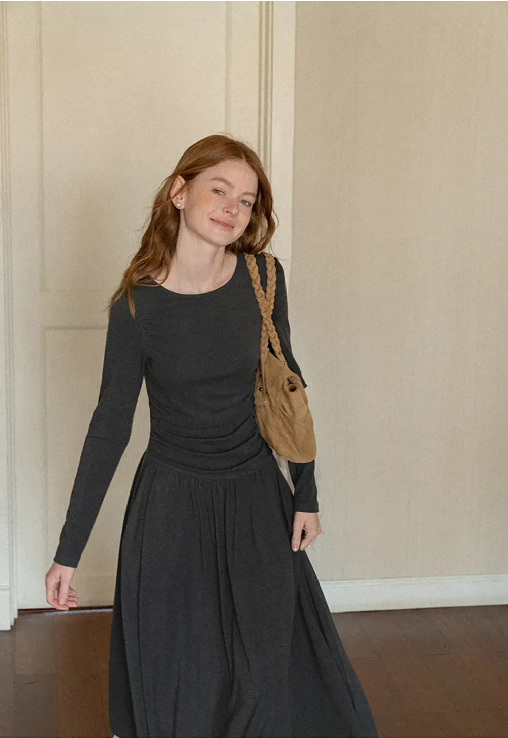 High Waist Pleated Long Sleeve Knit Dress