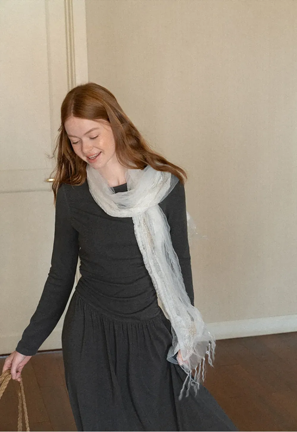 High Waist Pleated Long Sleeve Knit Dress