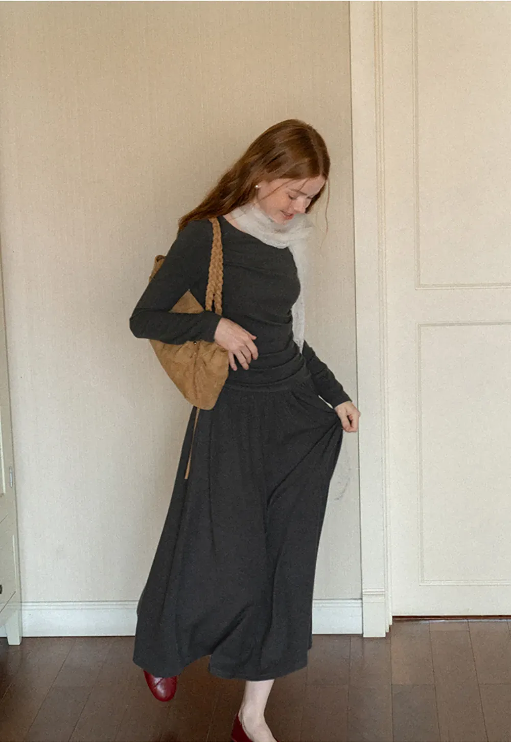High Waist Pleated Long Sleeve Knit Dress