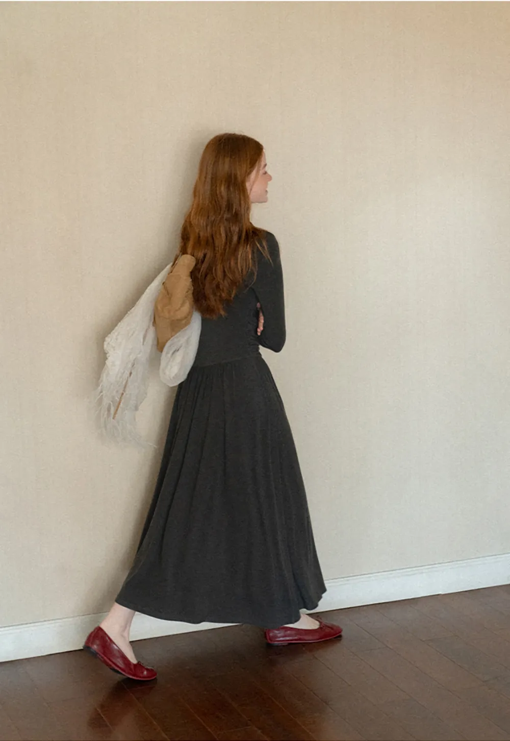 High Waist Pleated Long Sleeve Knit Dress
