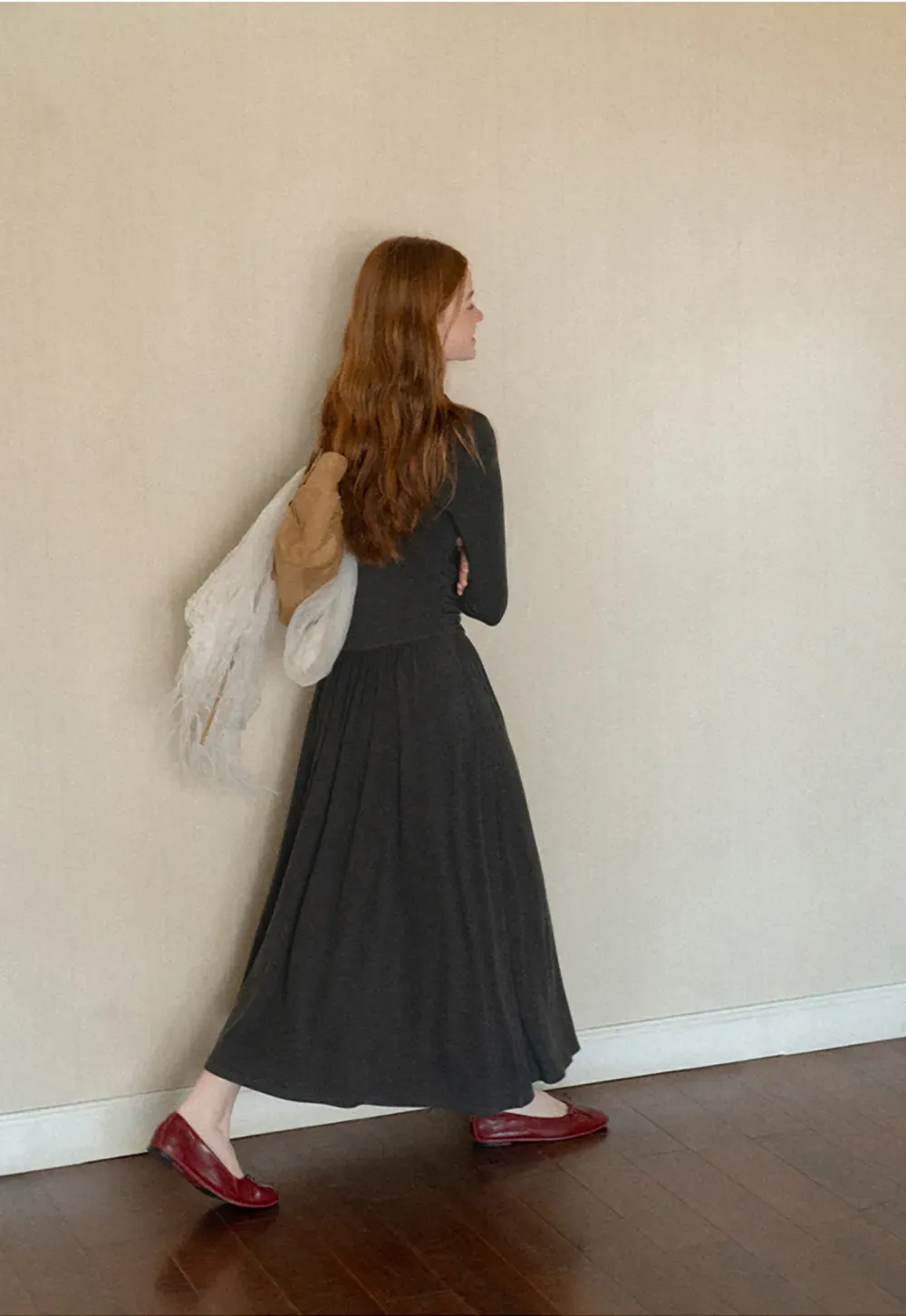 High Waist Pleated Long Sleeve Knit Dress
