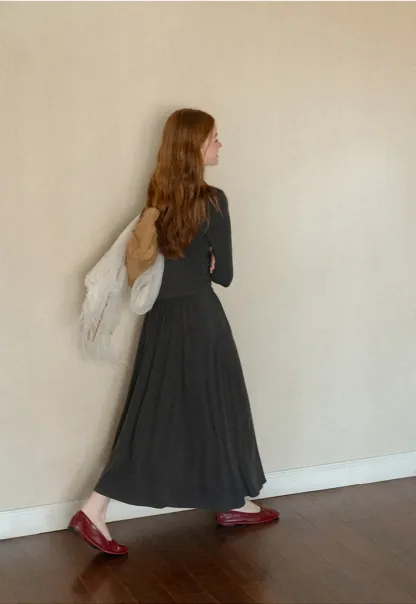 High Waist Pleated Long Sleeve Knit Dress