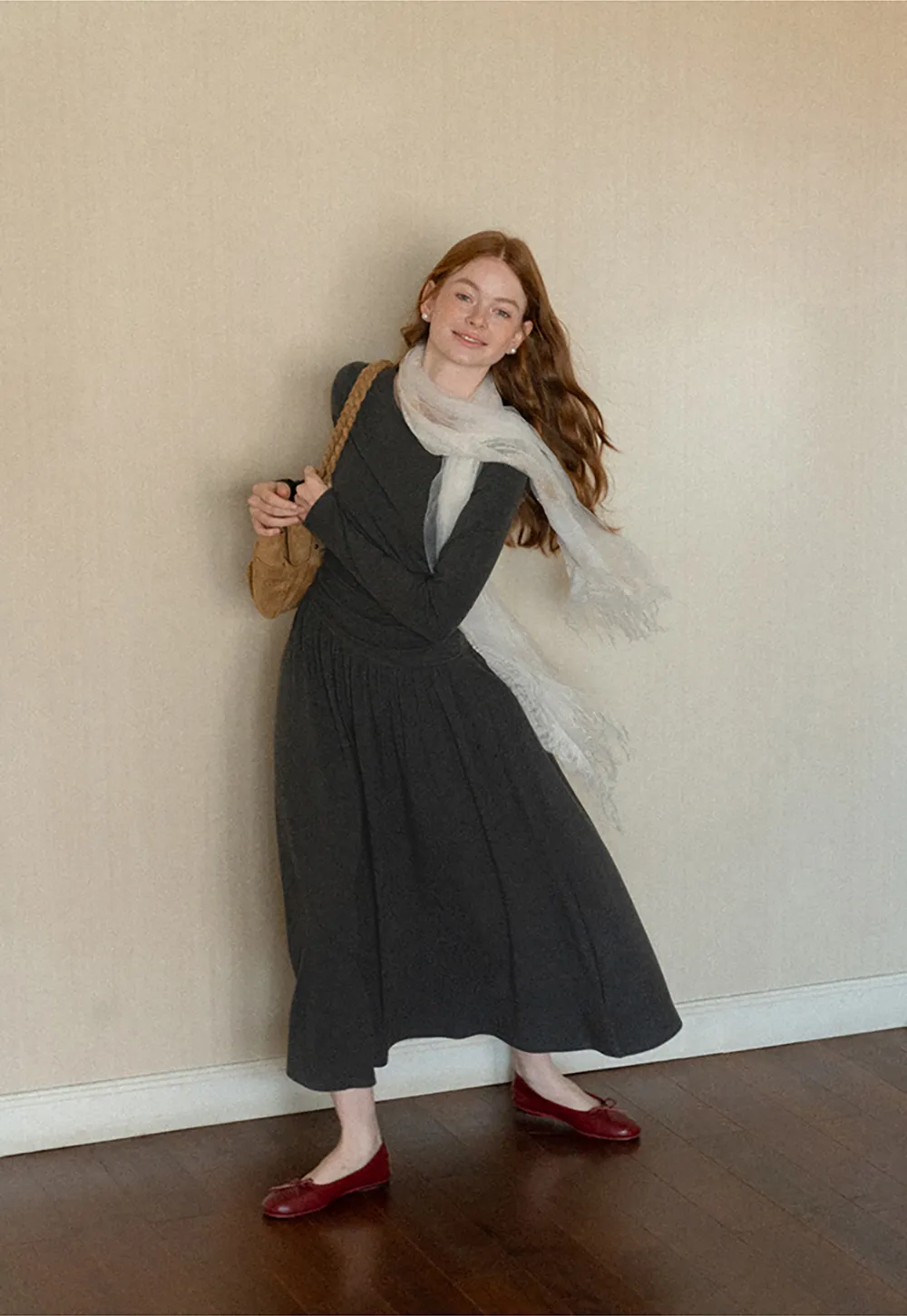 High Waist Pleated Long Sleeve Knit Dress