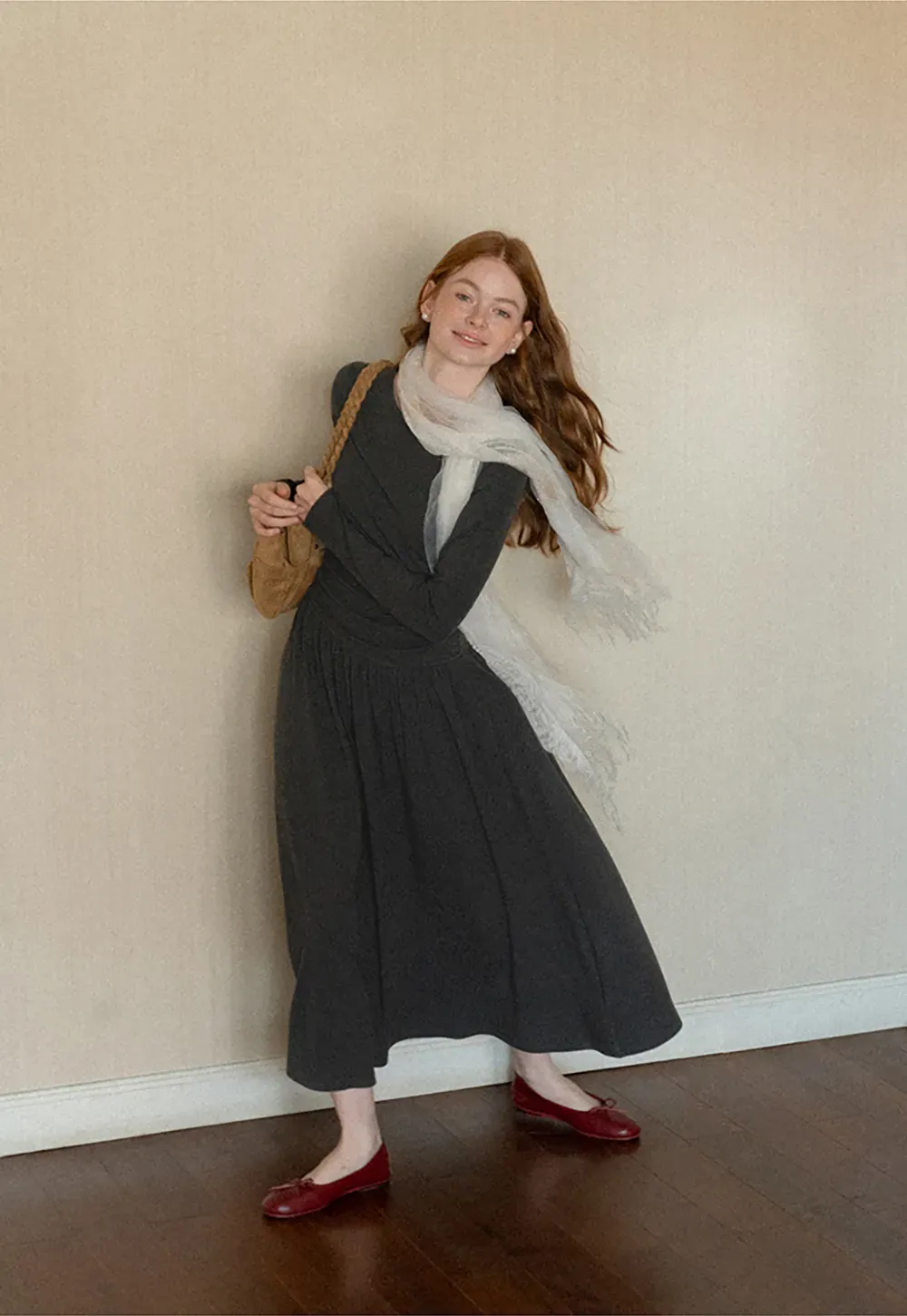High Waist Pleated Long Sleeve Knit Dress