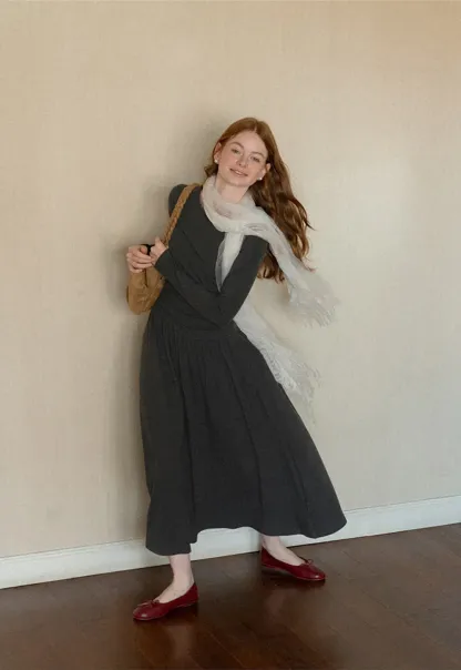 High Waist Pleated Long Sleeve Knit Dress