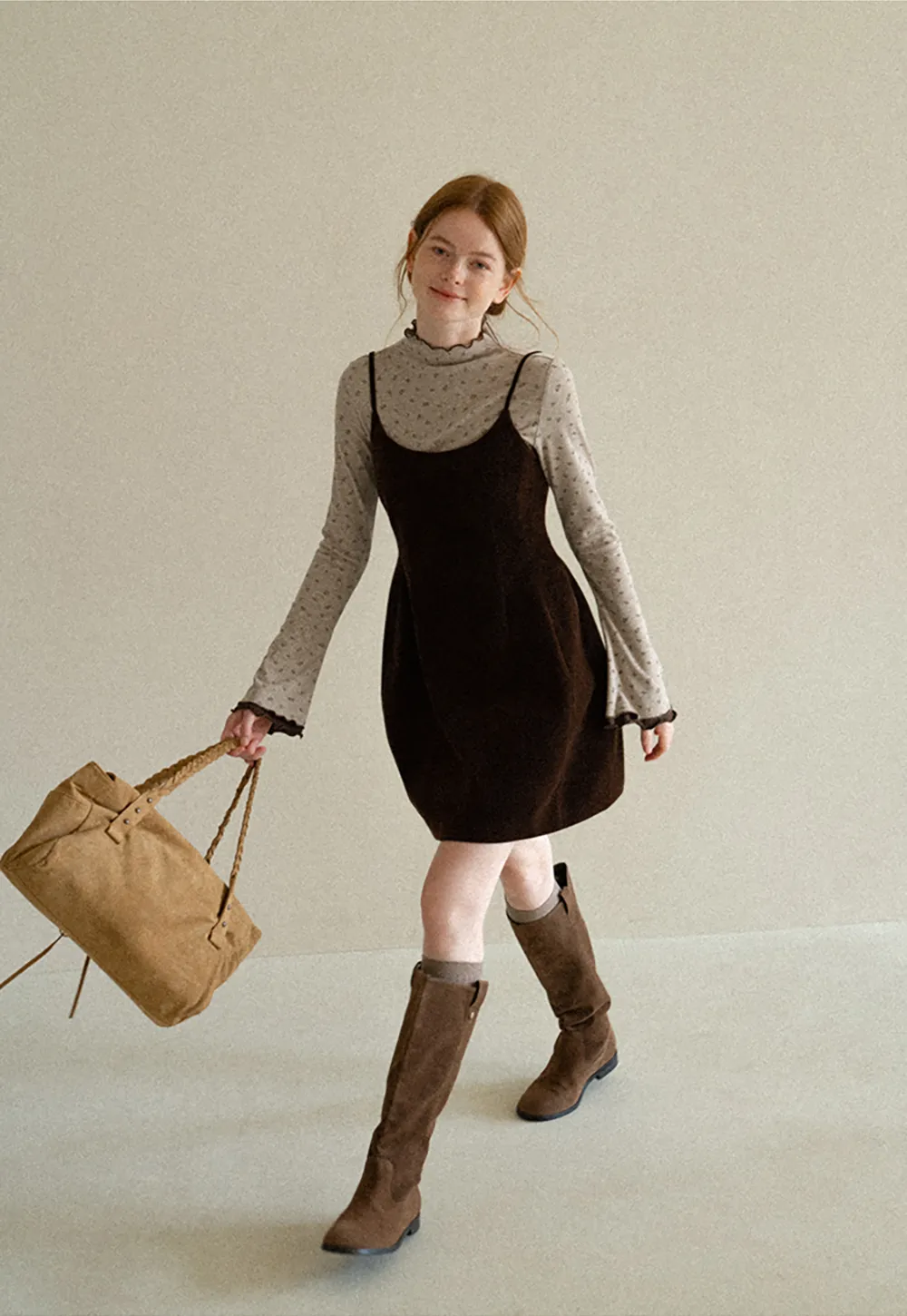 High Neck Floral Print Long Sleeve Slip Dress