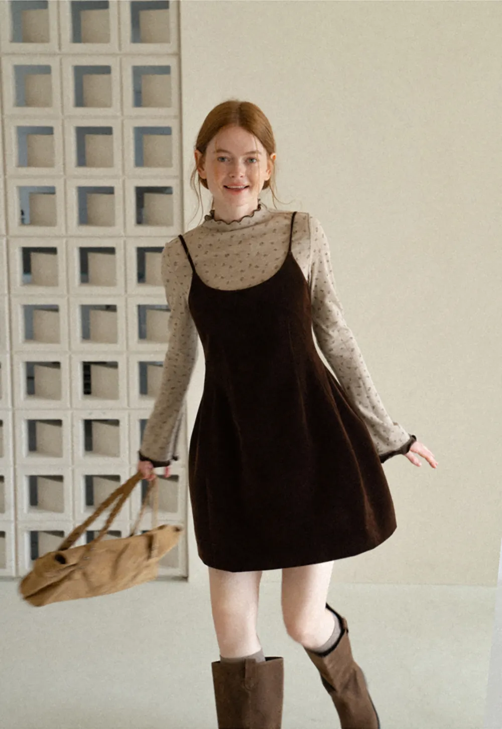 High Neck Floral Print Long Sleeve Slip Dress