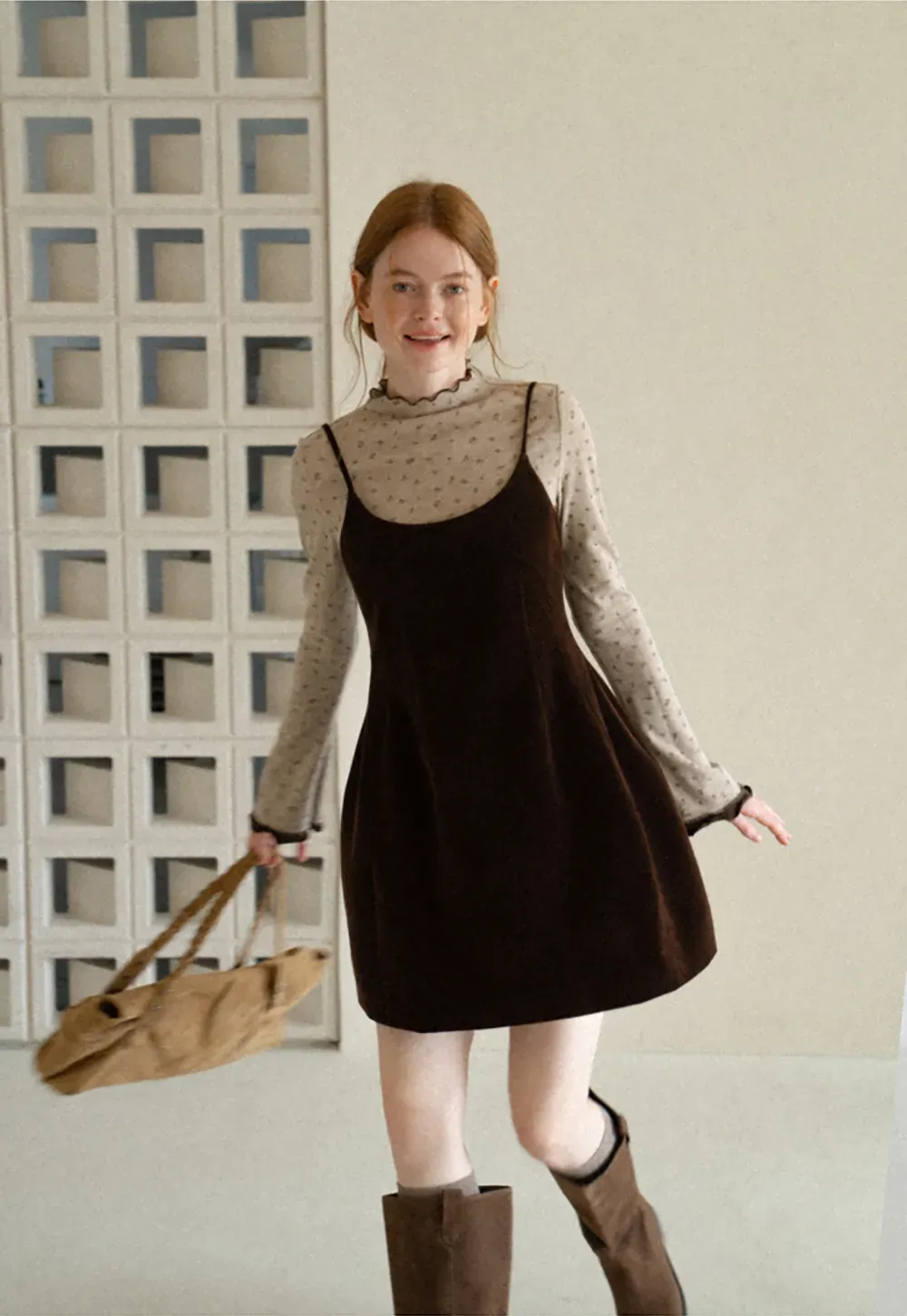 High Neck Floral Print Long Sleeve Slip Dress