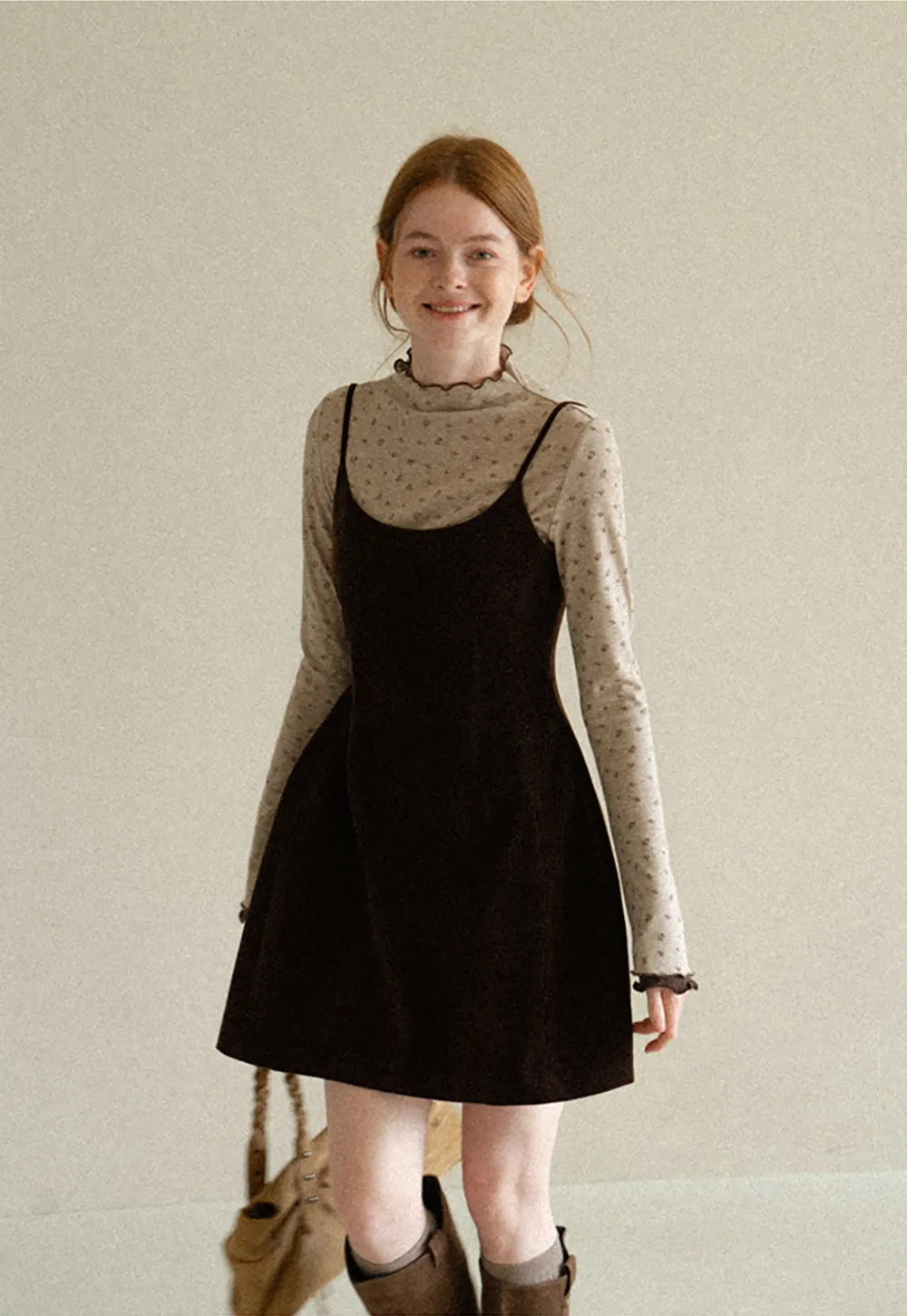 High Neck Floral Print Long Sleeve Slip Dress