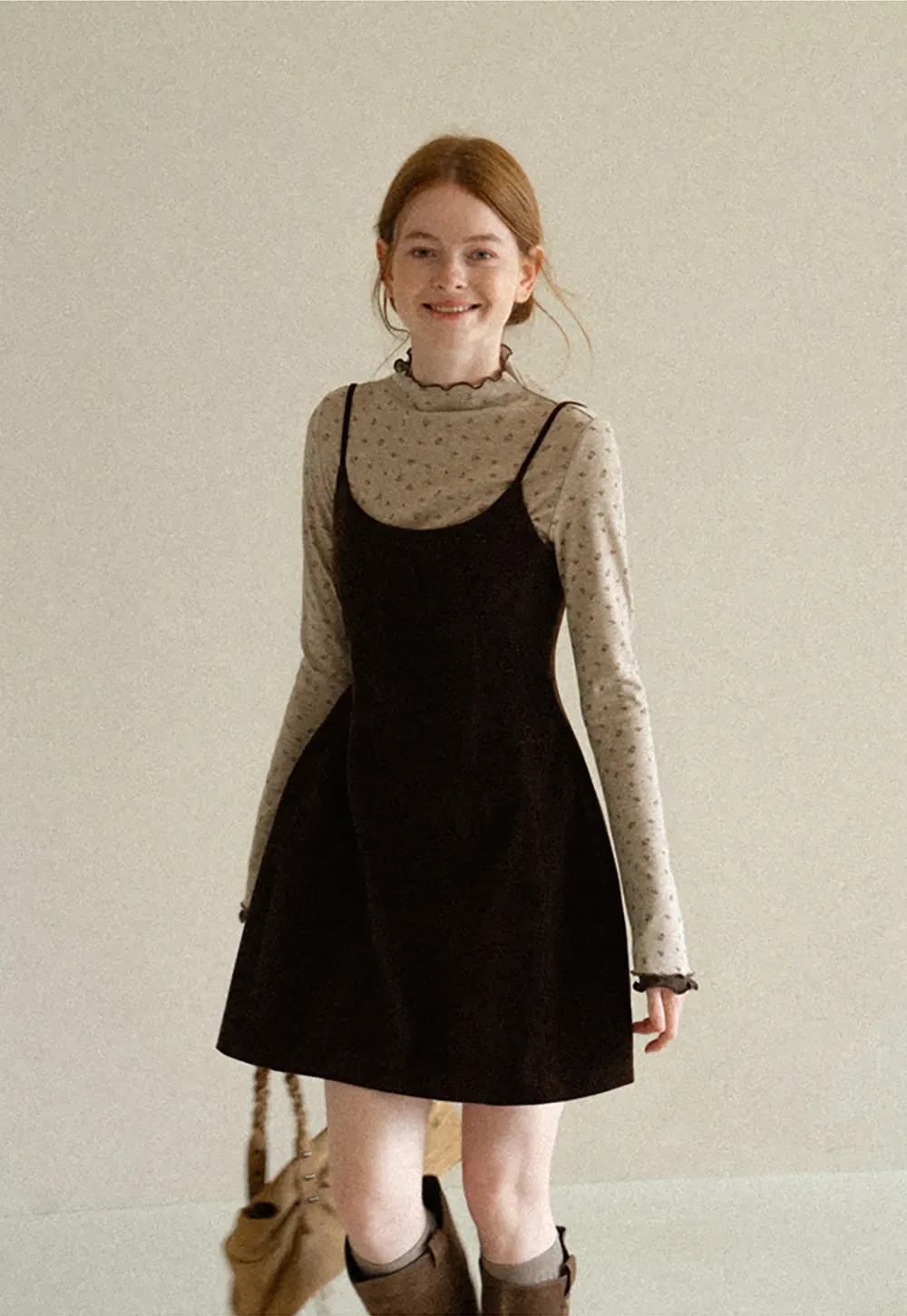 High Neck Floral Print Long Sleeve Slip Dress