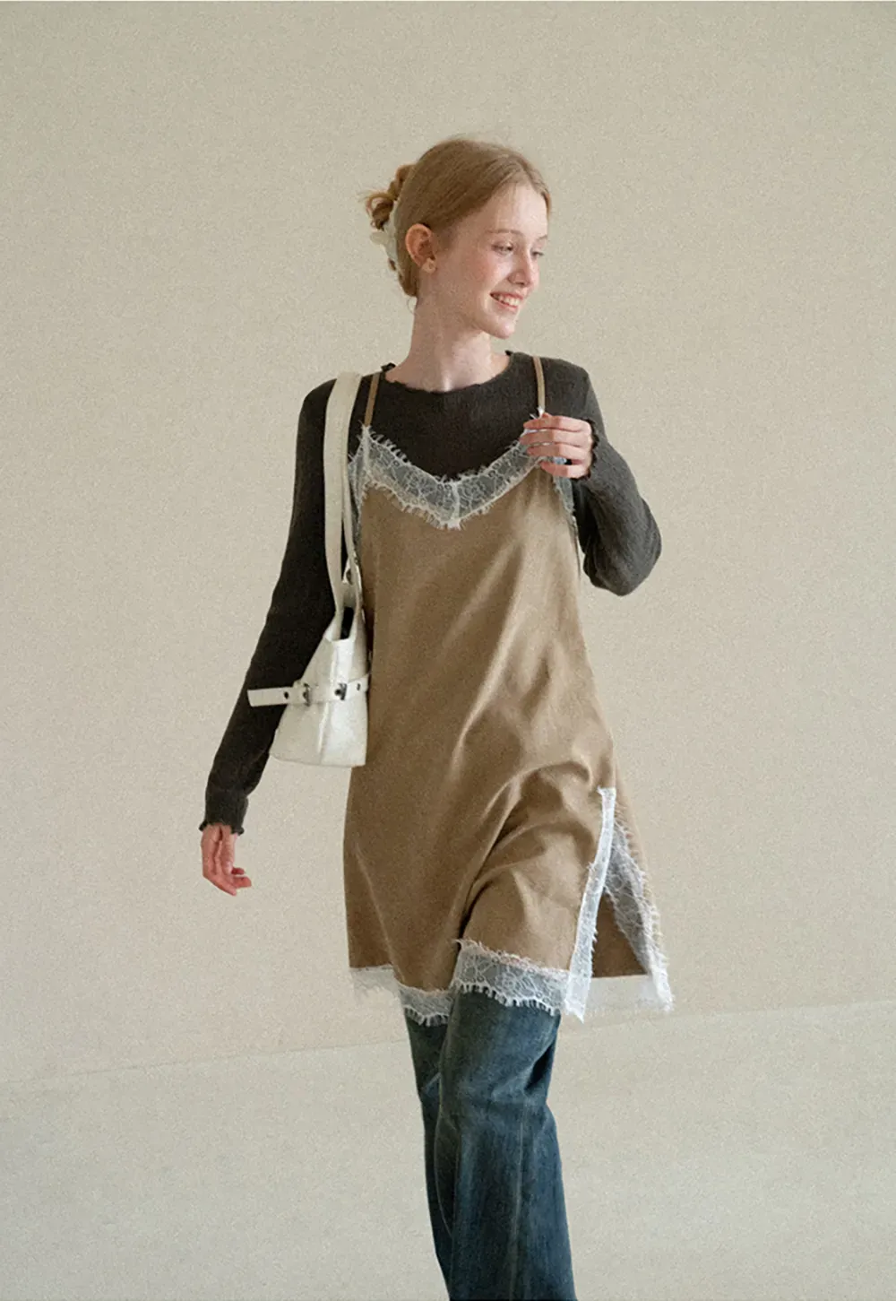 Lace Trim Slip Dress Over Long Sleeve Top