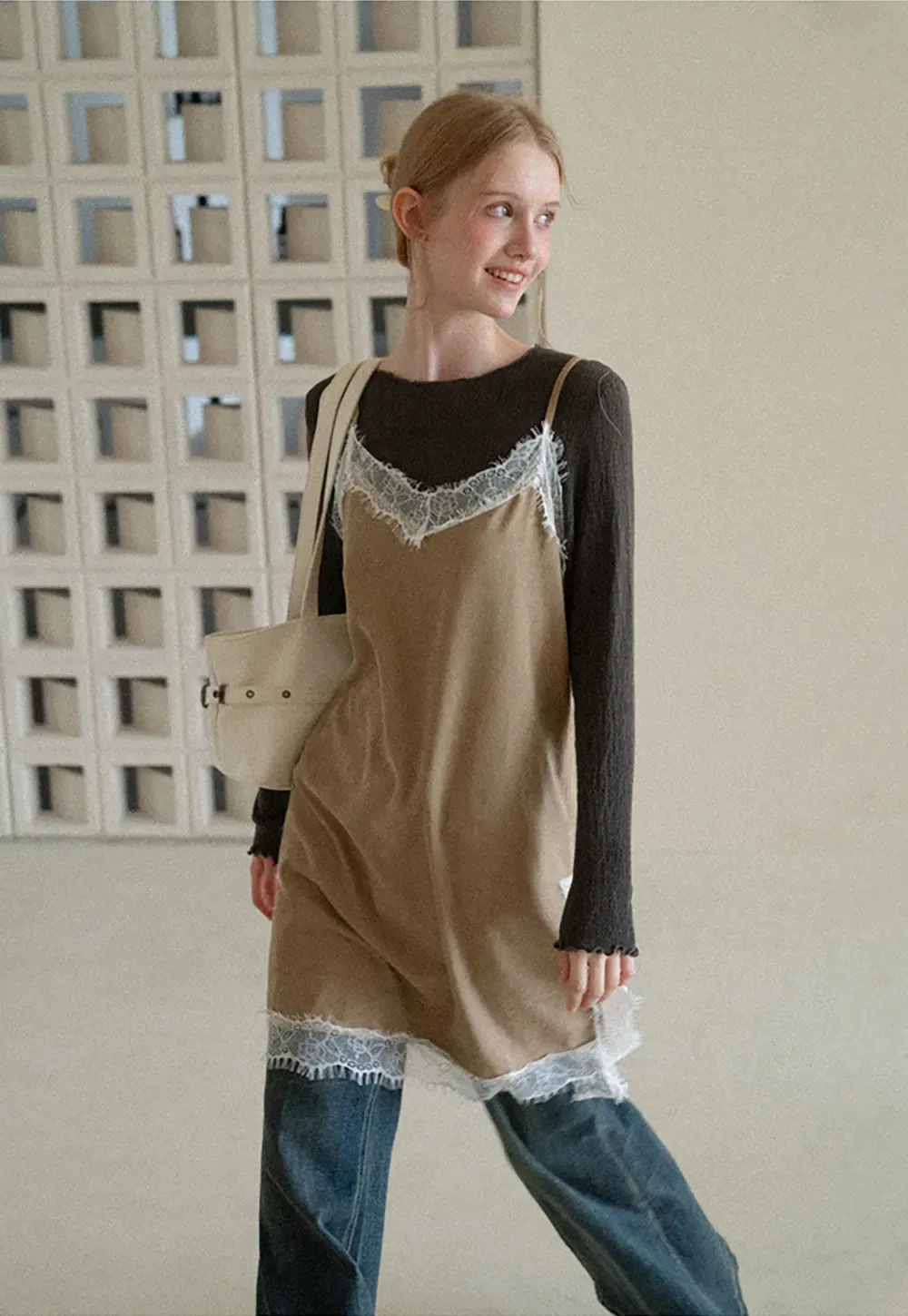 Lace Trim Slip Dress Over Long Sleeve Top