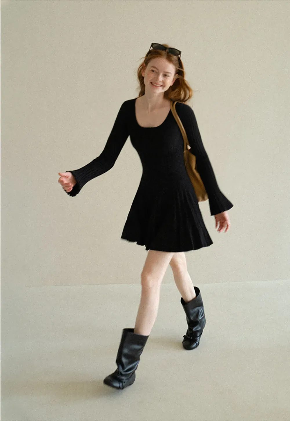 Ribbed Knit Pleated Skirt Dress with Flared Sleeves