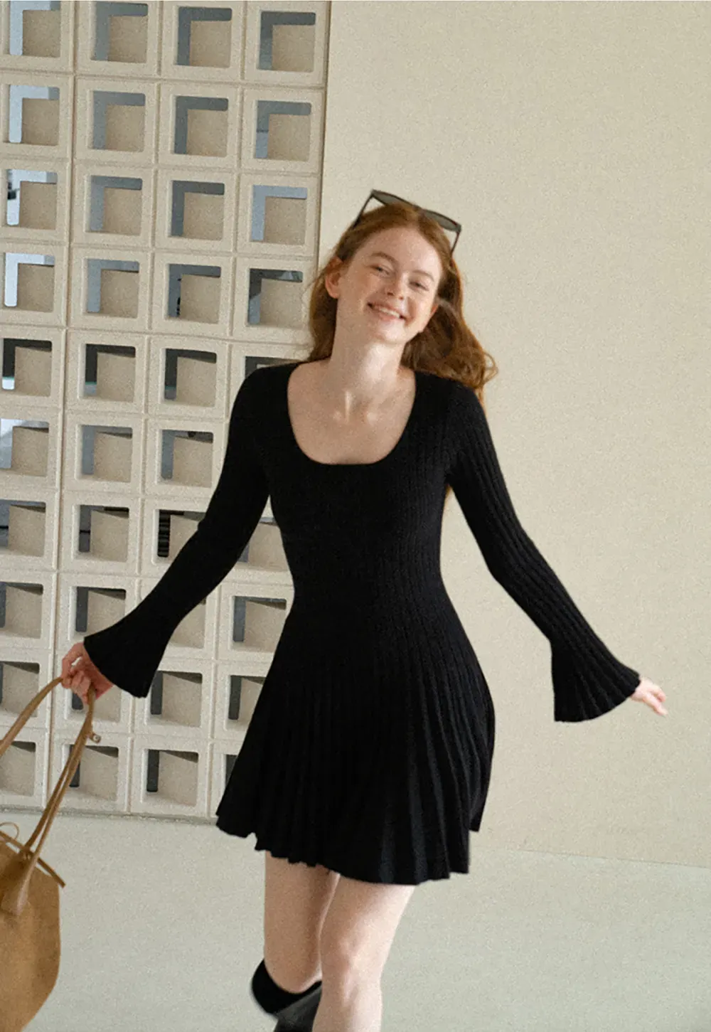Ribbed Knit Pleated Skirt Dress with Flared Sleeves
