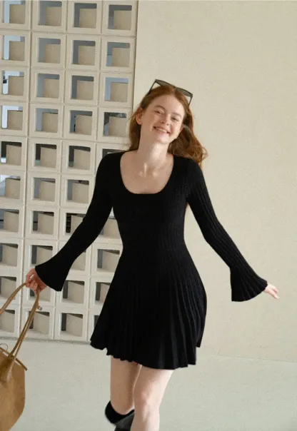 Ribbed Knit Pleated Skirt Dress with Flared Sleeves