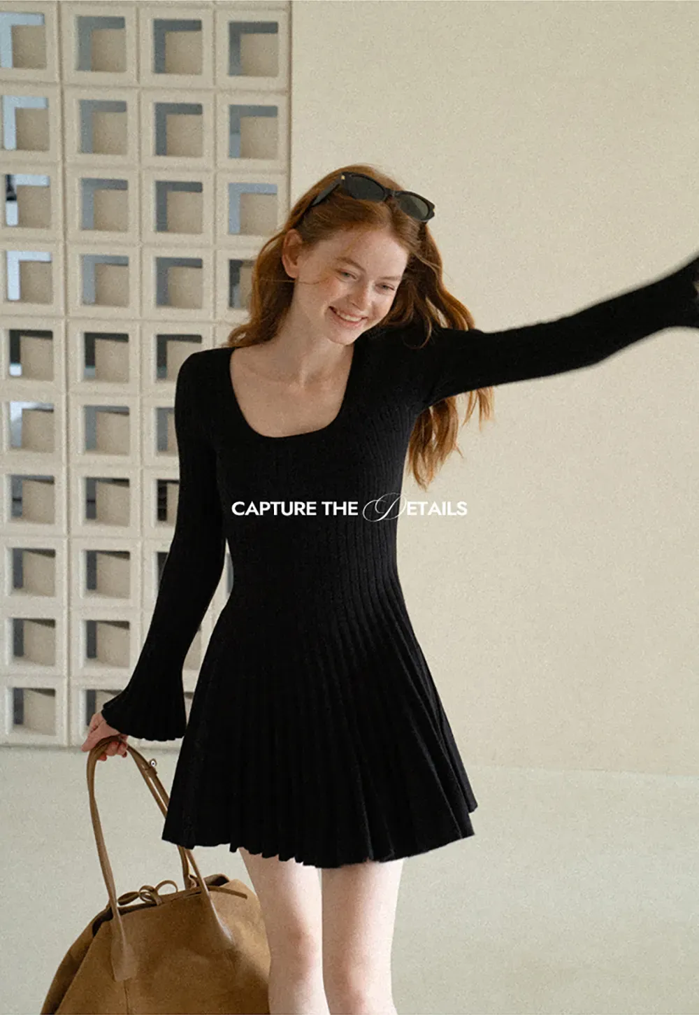 Ribbed Knit Pleated Skirt Dress with Flared Sleeves