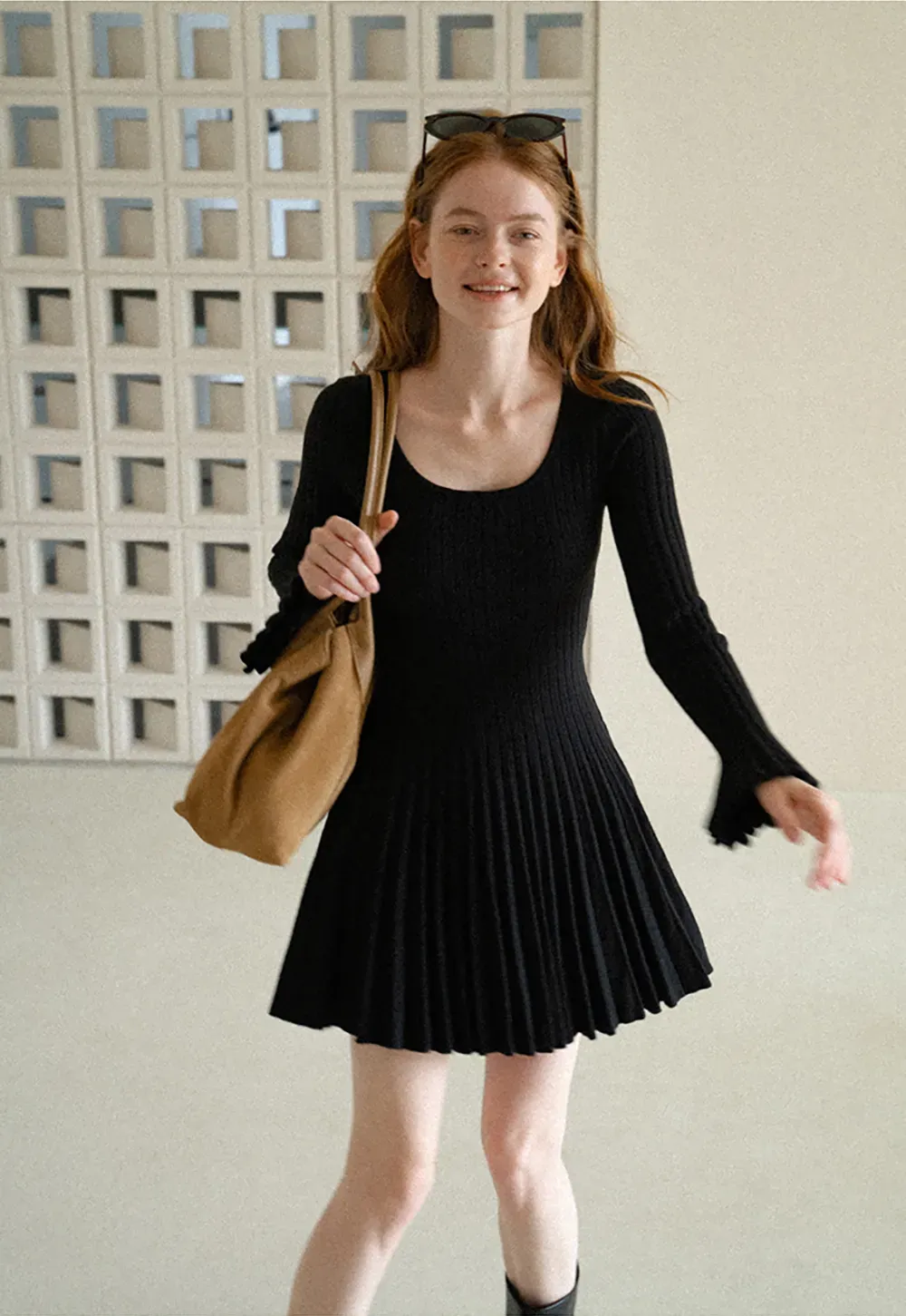 Ribbed Knit Pleated Skirt Dress with Flared Sleeves