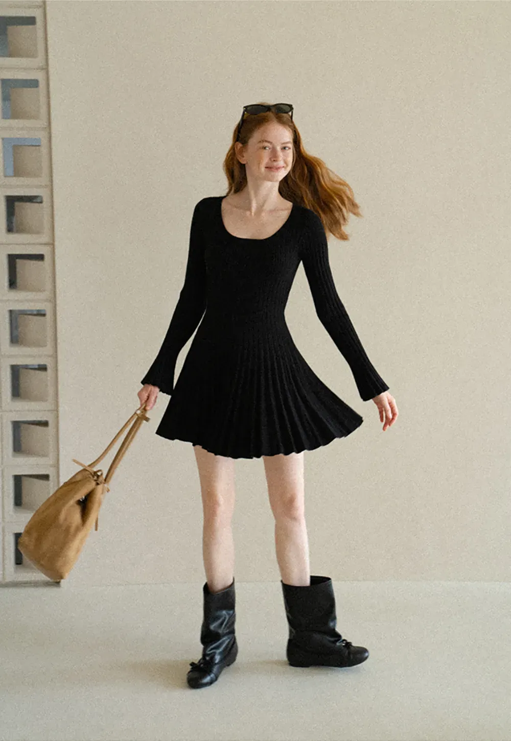 Ribbed Knit Pleated Skirt Dress with Flared Sleeves