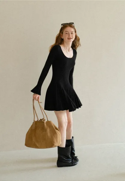Ribbed Knit Pleated Skirt Dress with Flared Sleeves