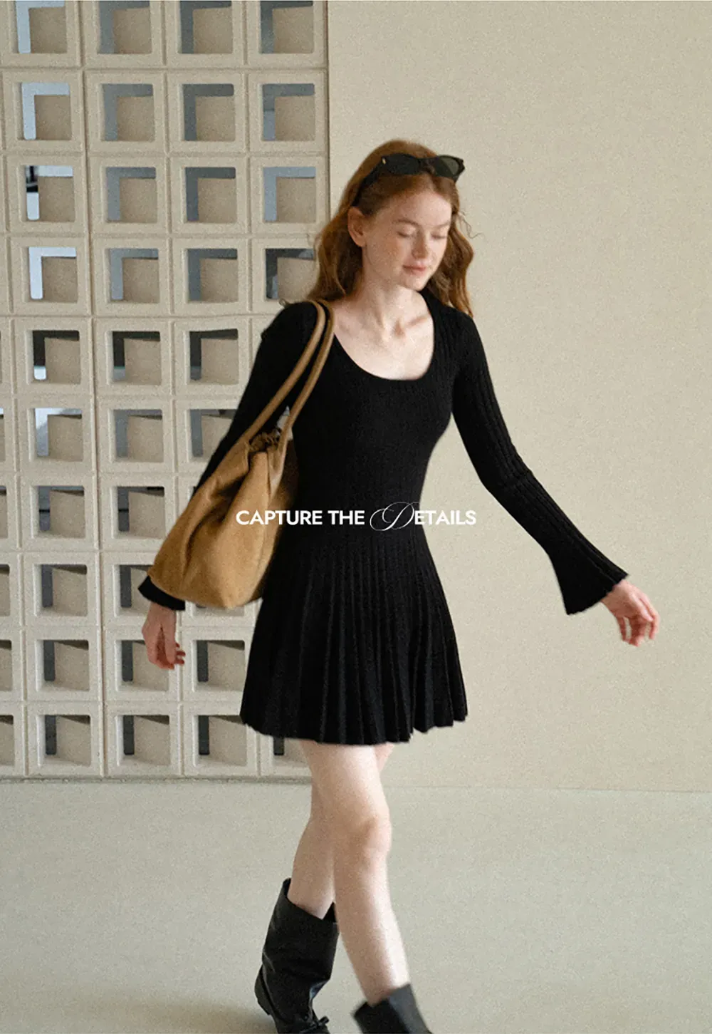 Ribbed Knit Pleated Skirt Dress with Flared Sleeves
