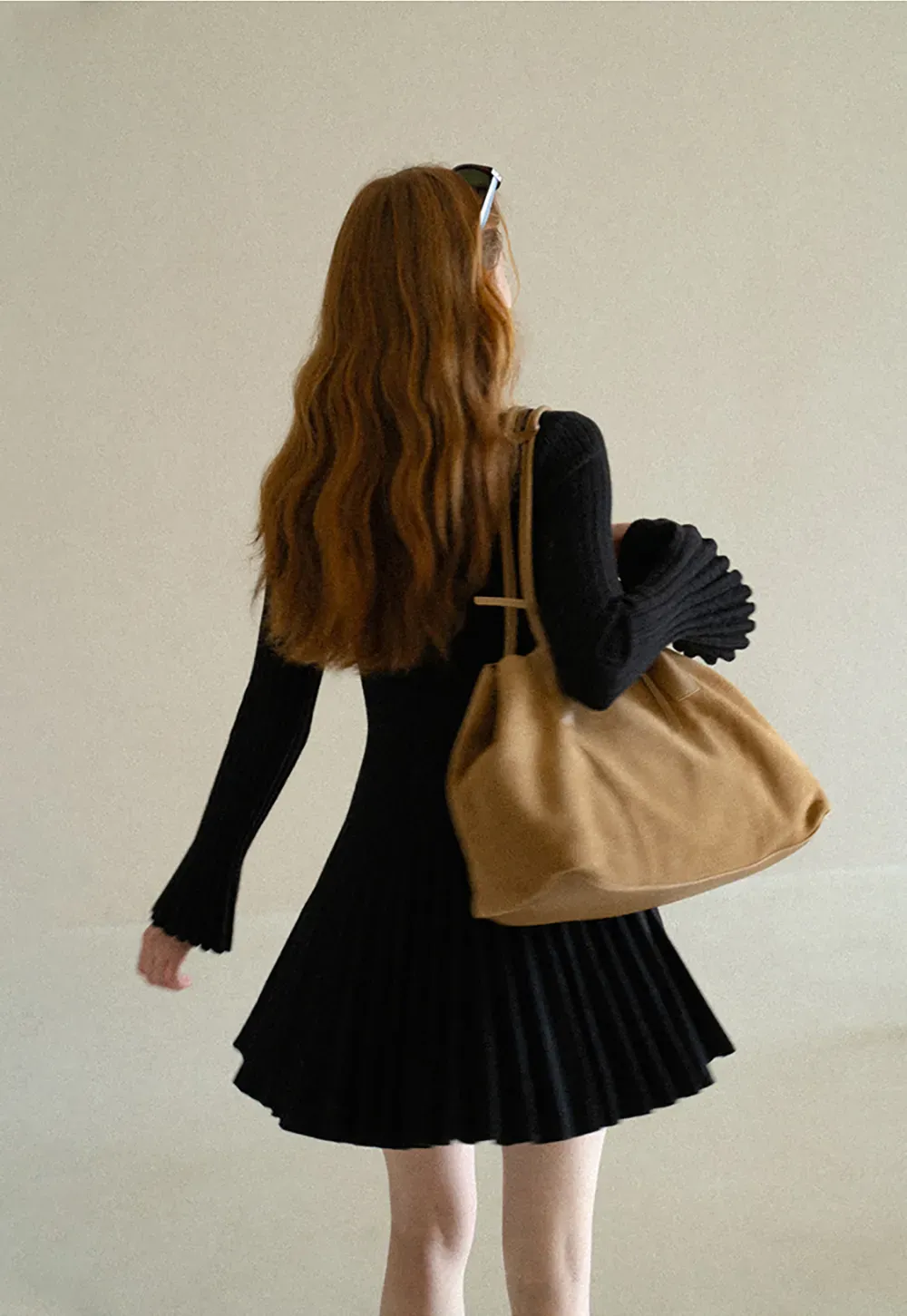 Ribbed Knit Pleated Skirt Dress with Flared Sleeves