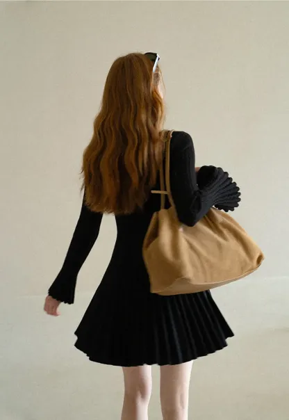 Ribbed Knit Pleated Skirt Dress with Flared Sleeves