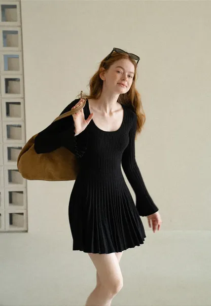 Ribbed Knit Pleated Skirt Dress with Flared Sleeves
