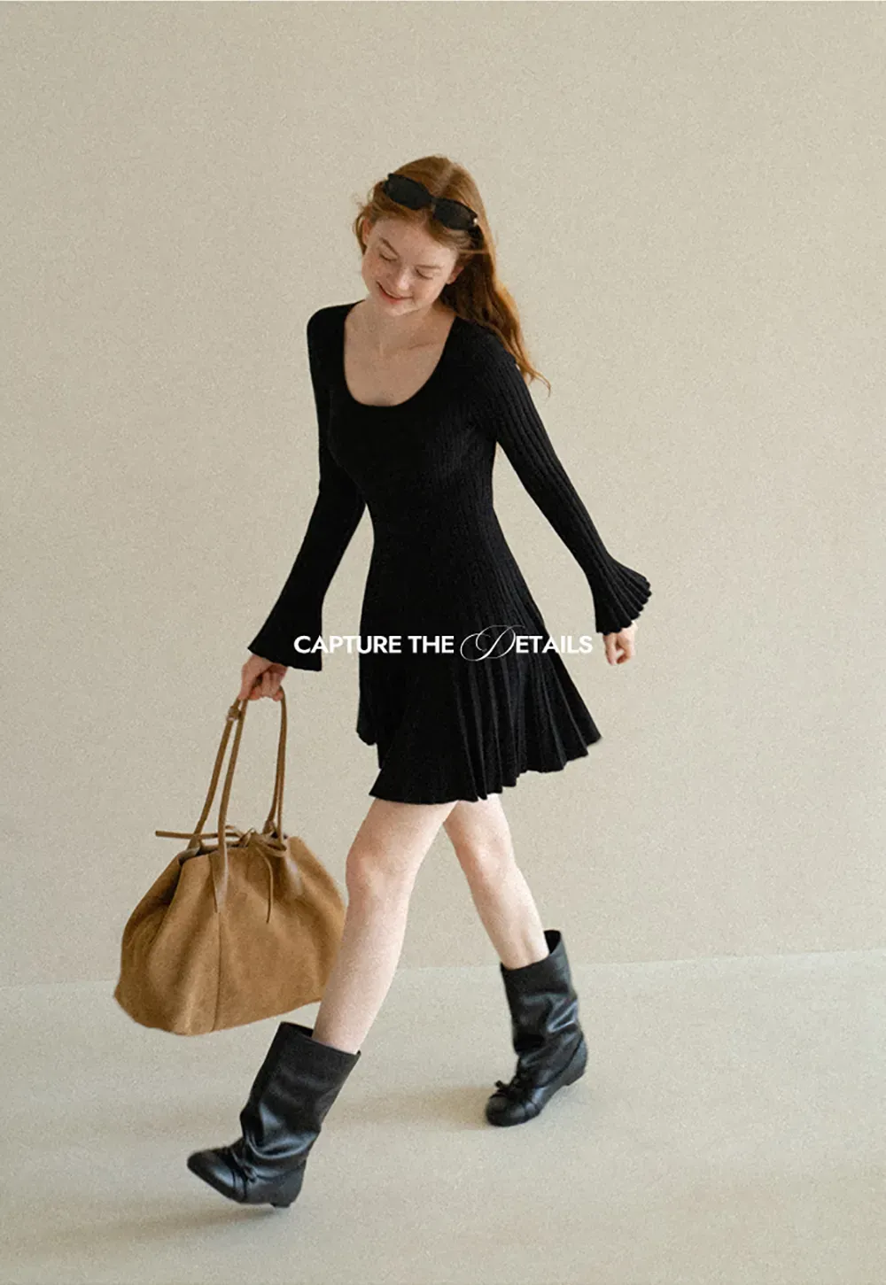 Ribbed Knit Pleated Skirt Dress with Flared Sleeves