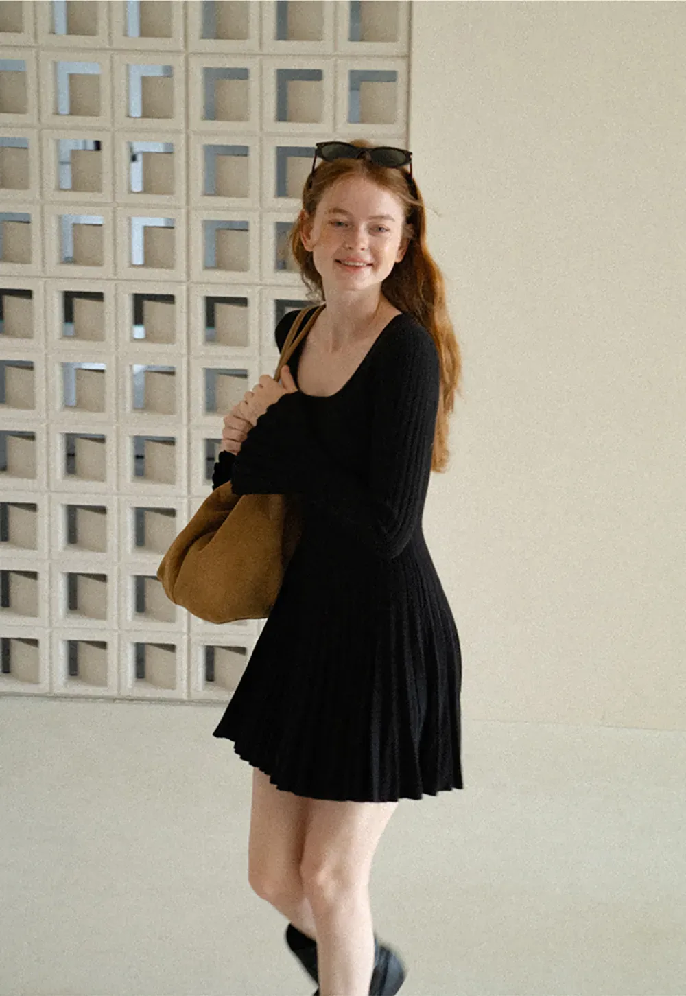 Ribbed Knit Pleated Skirt Dress with Flared Sleeves