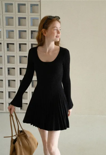 Ribbed Knit Pleated Skirt Dress with Flared Sleeves